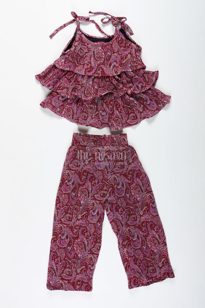 The Nesavu Girls Co-Ord Sets Girls Pink Printed Sharara Set with Layered Frill Top for Weddings and Functions Nesavu Nesavu Pink Girls Sharara Outfit Frill Top Festive Chinon Set Weddings Family Events