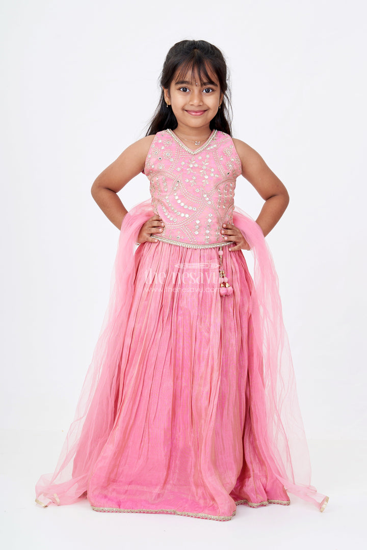 The Nesavu Girls Lehenga Choli Girls Pink Reception Lehengas with Mirror Work Halter Blouse and Flowing Silk Skirt Nesavu 16 (1Y) / Pink GL565B-16 Elegant Pink Halter Neck Reception Lehenga Mirror Embellished Blouse | The Nesavu
