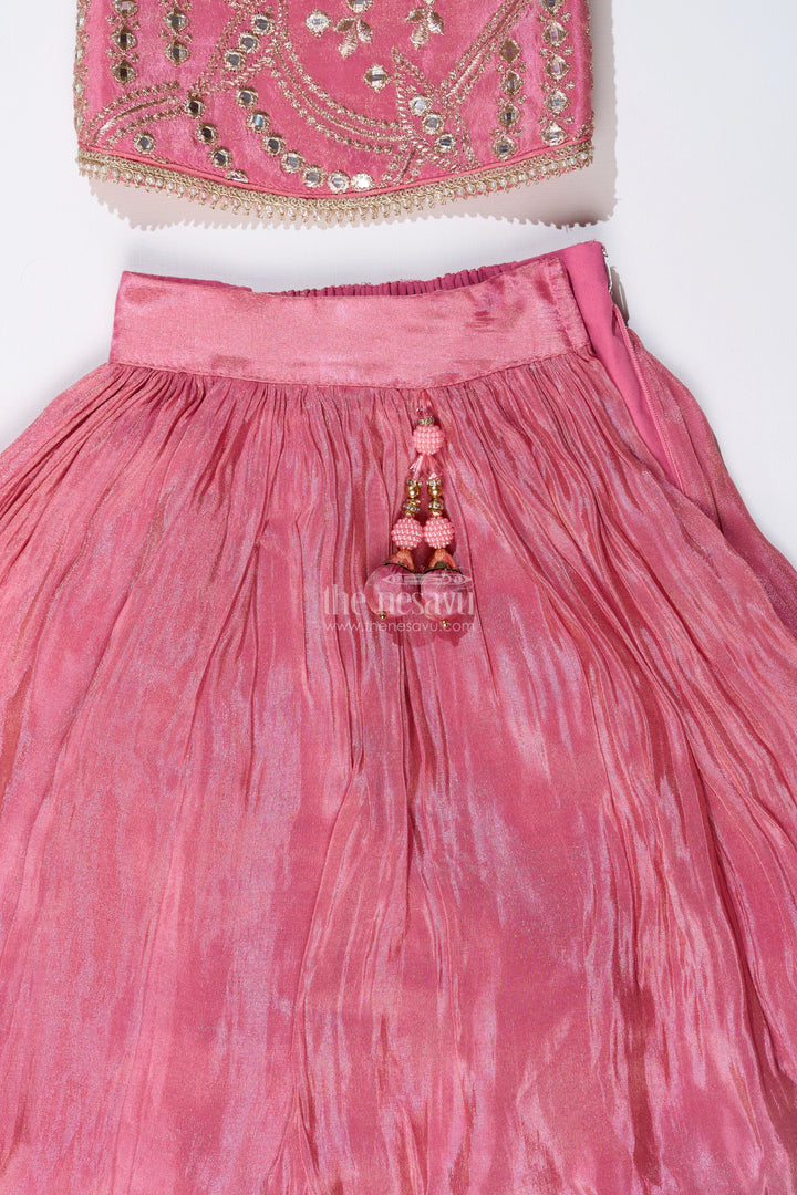 The Nesavu Girls Lehenga Choli Girls Pink Reception Lehengas with Mirror Work Halter Blouse and Flowing Silk Skirt Nesavu Elegant Pink Halter Neck Reception Lehenga Mirror Embellished Blouse | The Nesavu