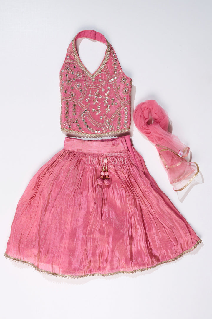 The Nesavu Girls Lehenga Choli Girls Pink Reception Lehengas with Mirror Work Halter Blouse and Flowing Silk Skirt Nesavu Elegant Pink Halter Neck Reception Lehenga Mirror Embellished Blouse | The Nesavu