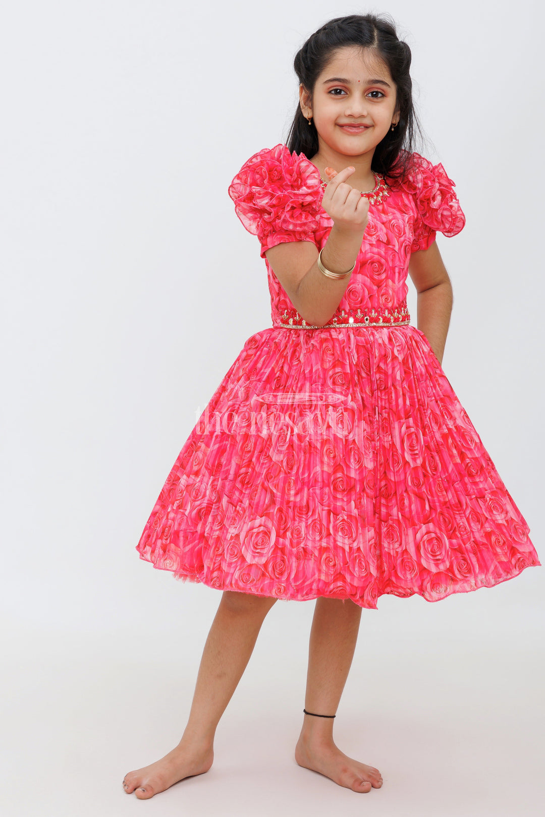 The Nesavu Silk Party Frock Girls Pink Rose Patterned Party Frock with Puff Sleeves Nesavu 18 (2Y) / Pink SF922A-18 Nesavu Pink Rose Printed Party Frock Girls Embroidered Neckline Puff Sleeves