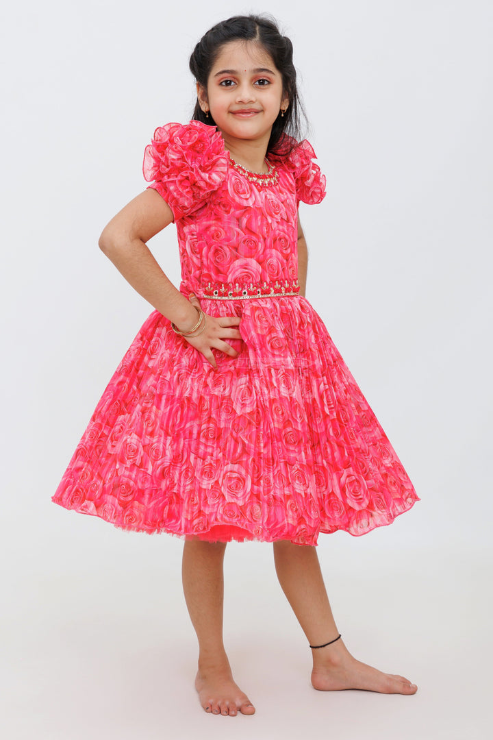 The Nesavu Silk Party Frock Girls Pink Rose Patterned Party Frock with Puff Sleeves Nesavu Nesavu Pink Rose Printed Party Frock Girls Embroidered Neckline Puff Sleeves