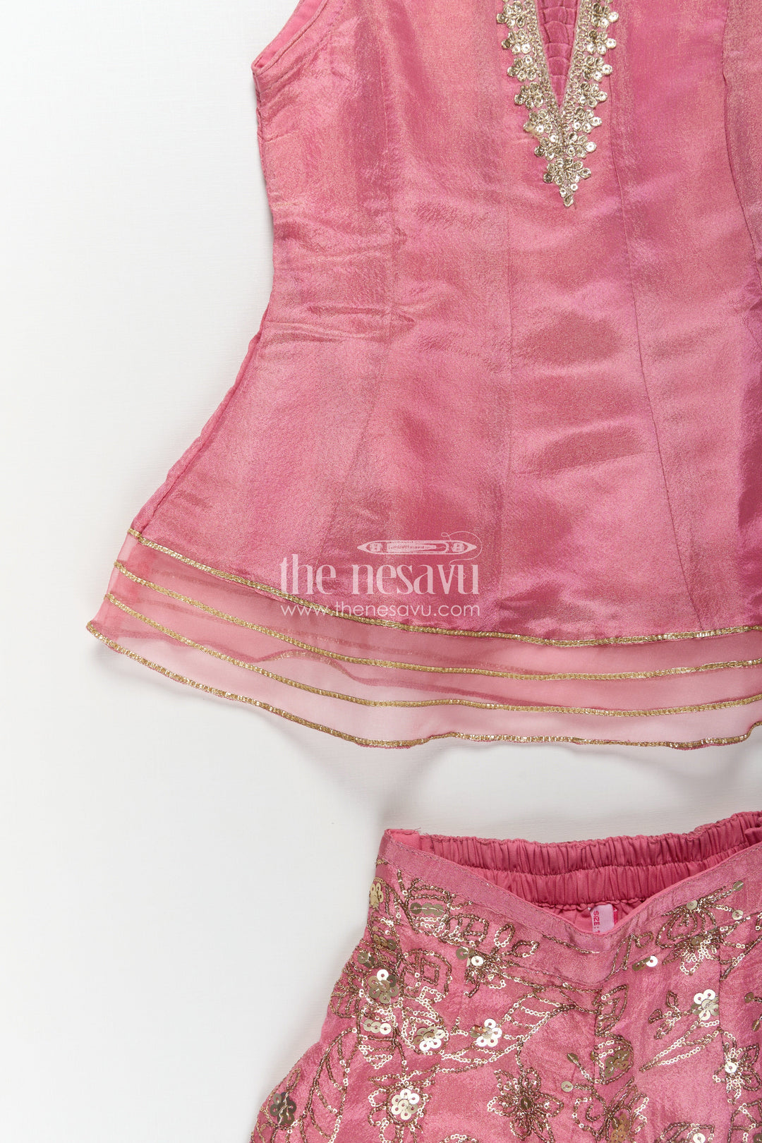 The Nesavu Girls Sharara / Plazo Set Girls Pink Sharara Set in Viscose Tissue with Embroidered Sequin Floral Patterns and Dupatta Nesavu Girls Pink Sharara Set Sequin Embroidered Bottom Elegant Dupatta Viscose Tissue | The Nesavu