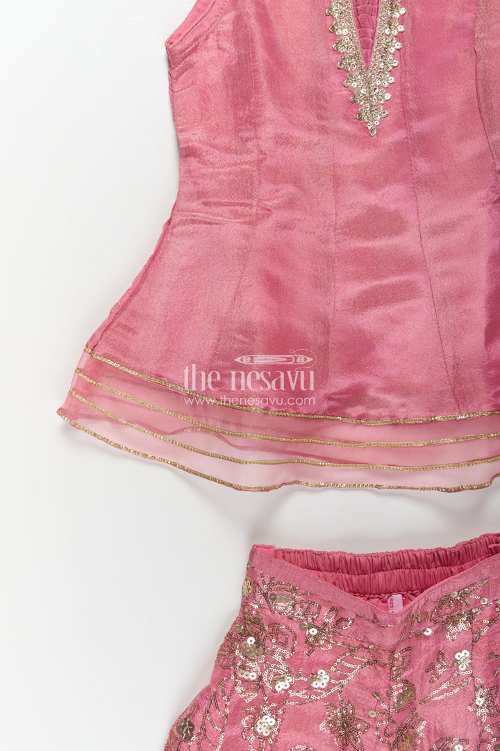 The Nesavu Girls Sharara / Plazo Set Girls Pink Sharara Set in Viscose Tissue with Embroidered Sequin Floral Patterns and Dupatta Nesavu Girls Pink Sharara Set Sequin Embroidered Bottom Elegant Dupatta Viscose Tissue | The Nesavu