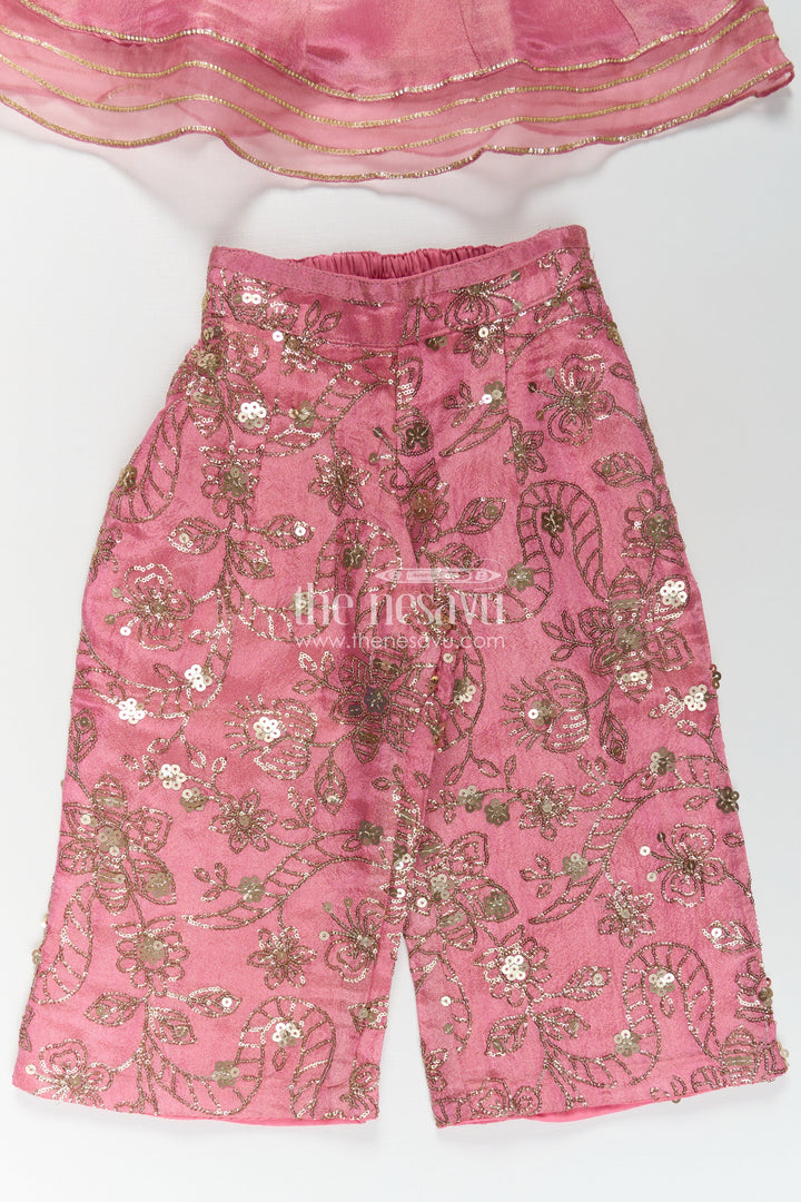 The Nesavu Girls Sharara / Plazo Set Girls Pink Sharara Set in Viscose Tissue with Embroidered Sequin Floral Patterns and Dupatta Nesavu Girls Pink Sharara Set Sequin Embroidered Bottom Elegant Dupatta Viscose Tissue | The Nesavu