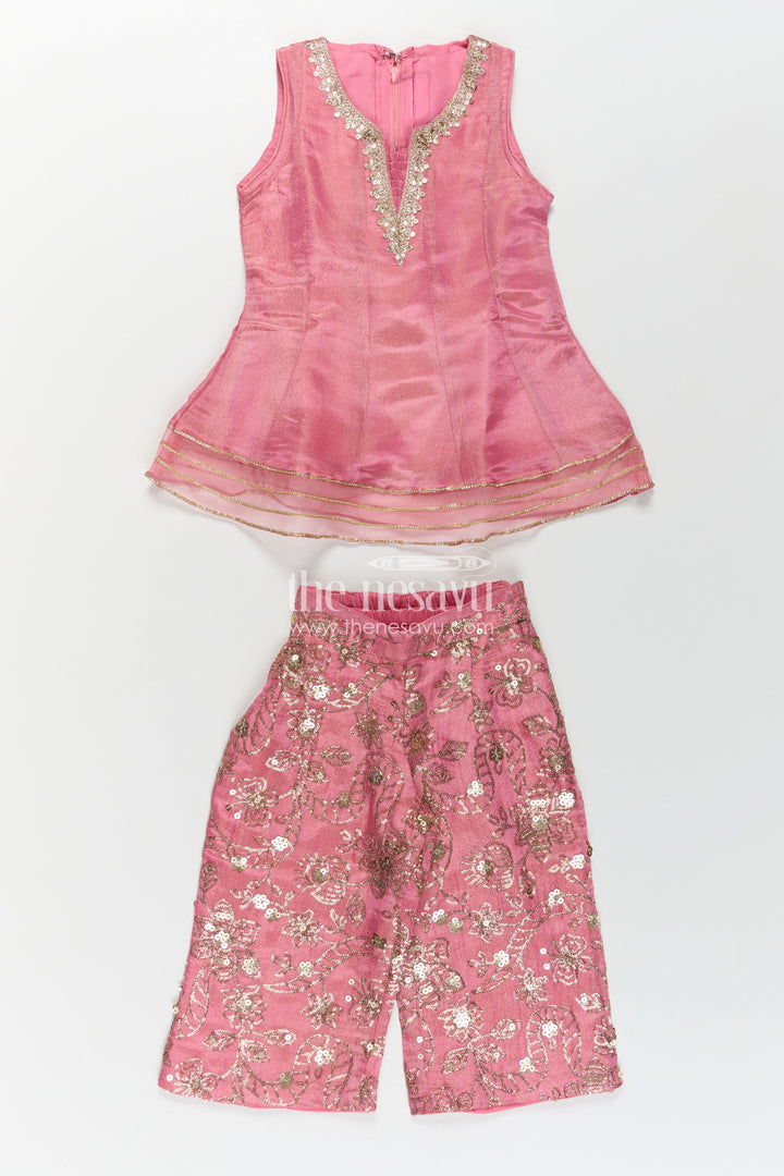 The Nesavu Girls Sharara / Plazo Set Girls Pink Sharara Set in Viscose Tissue with Embroidered Sequin Floral Patterns and Dupatta Nesavu Girls Pink Sharara Set Sequin Embroidered Bottom Elegant Dupatta Viscose Tissue | The Nesavu