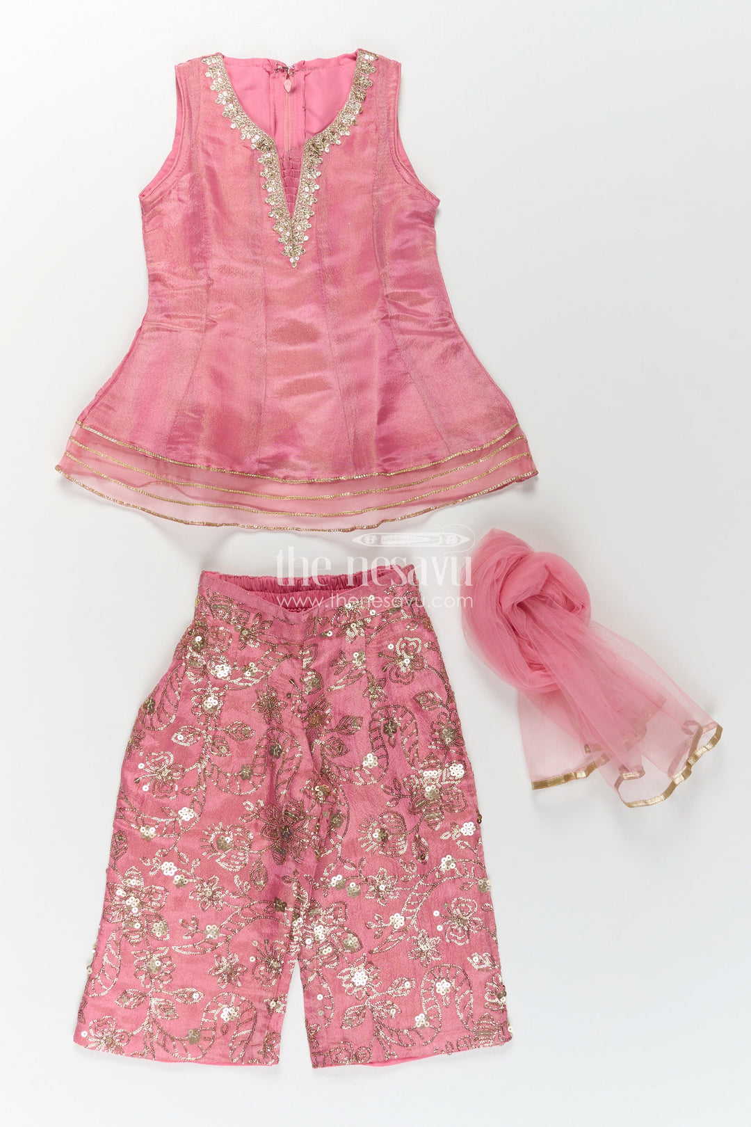 The Nesavu Girls Sharara / Plazo Set Girls Pink Sharara Set in Viscose Tissue with Embroidered Sequin Floral Patterns and Dupatta Nesavu Girls Pink Sharara Set Sequin Embroidered Bottom Elegant Dupatta Viscose Tissue | The Nesavu
