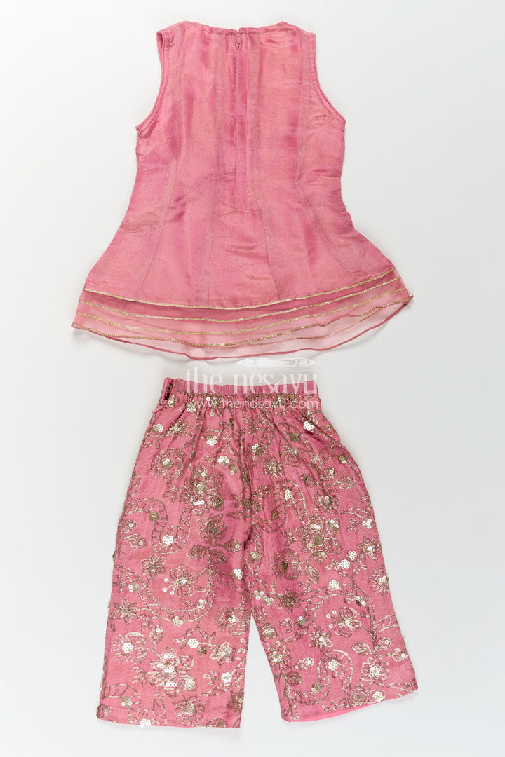 The Nesavu Girls Sharara / Plazo Set Girls Pink Sharara Set in Viscose Tissue with Embroidered Sequin Floral Patterns and Dupatta Nesavu Girls Pink Sharara Set Sequin Embroidered Bottom Elegant Dupatta Viscose Tissue | The Nesavu