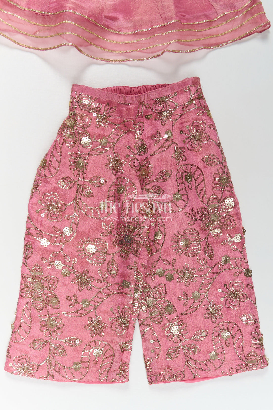 The Nesavu Girls Sharara / Plazo Set Girls Pink Sharara Set in Viscose Tissue with Embroidered Sequin Floral Patterns and Dupatta Nesavu Girls Pink Sharara Set Sequin Embroidered Bottom Elegant Dupatta Viscose Tissue | The Nesavu