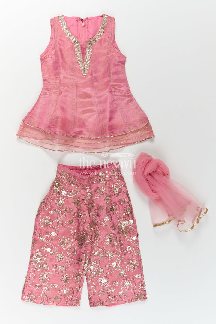 The Nesavu Girls Sharara / Plazo Set Girls Pink Sharara Set in Viscose Tissue with Embroidered Sequin Floral Patterns and Dupatta Nesavu Girls Pink Sharara Set Sequin Embroidered Bottom Elegant Dupatta Viscose Tissue | The Nesavu