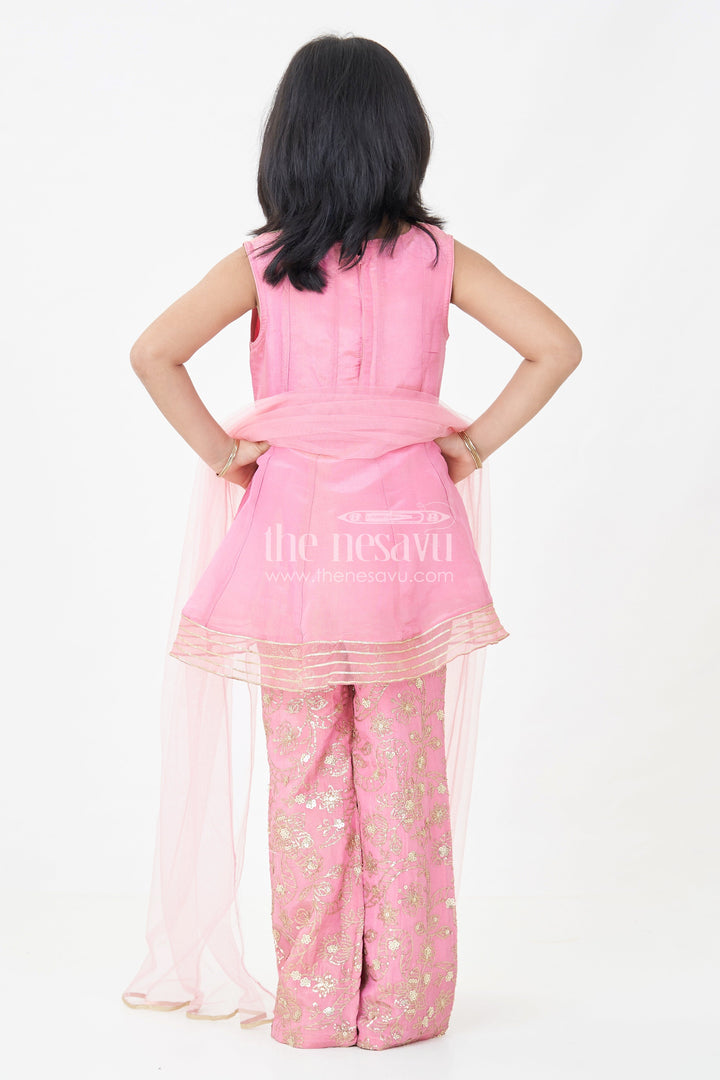 The Nesavu Girls Sharara / Plazo Set Girls Pink Sharara Set in Viscose Tissue with Embroidered Sequin Floral Patterns and Dupatta Nesavu Girls Pink Sharara Set Sequin Embroidered Bottom Elegant Dupatta Viscose Tissue | The Nesavu