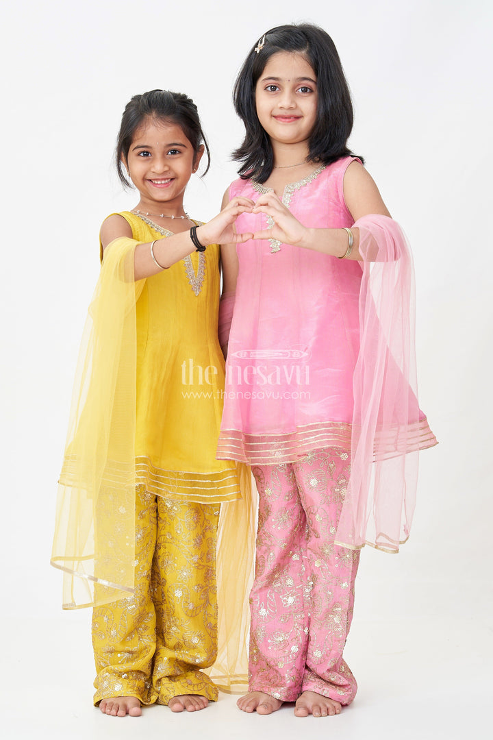 The Nesavu Girls Sharara / Plazo Set Girls Pink Sharara Set in Viscose Tissue with Embroidered Sequin Floral Patterns and Dupatta Nesavu Girls Pink Sharara Set Sequin Embroidered Bottom Elegant Dupatta Viscose Tissue | The Nesavu