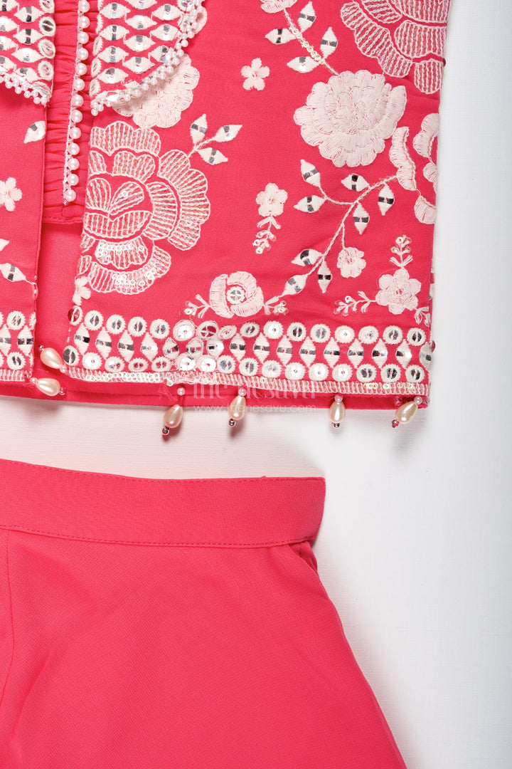 The Nesavu Girls Sharara / Plazo Set Girls Pink Sharara Set with Designer Embroidery for Celebrations Nesavu Nesavu Girls Pink Sharara Set Embroidered Jacket Georgette Festive Outfit Weddings Events