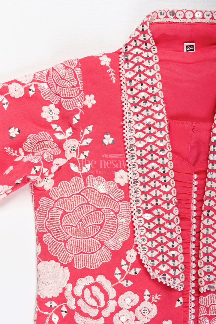 The Nesavu Girls Sharara / Plazo Set Girls Pink Sharara Set with Designer Embroidery for Celebrations Nesavu Nesavu Girls Pink Sharara Set Embroidered Jacket Georgette Festive Outfit Weddings Events