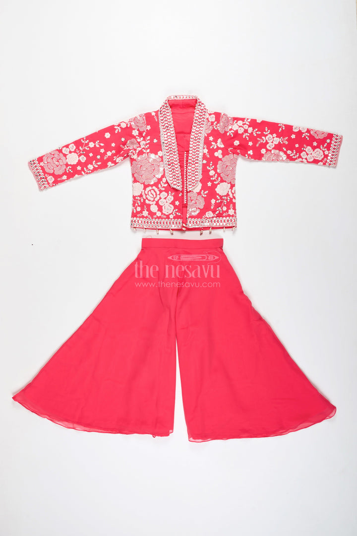 The Nesavu Girls Sharara / Plazo Set Girls Pink Sharara Set with Designer Embroidery for Celebrations Nesavu Nesavu Girls Pink Sharara Set Embroidered Jacket Georgette Festive Outfit Weddings Events