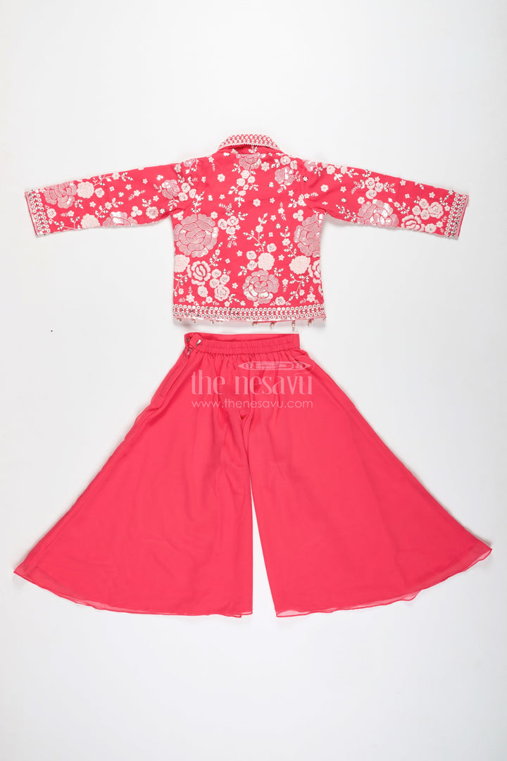 The Nesavu Girls Sharara / Plazo Set Girls Pink Sharara Set with Designer Embroidery for Celebrations Nesavu Nesavu Girls Pink Sharara Set Embroidered Jacket Georgette Festive Outfit Weddings Events