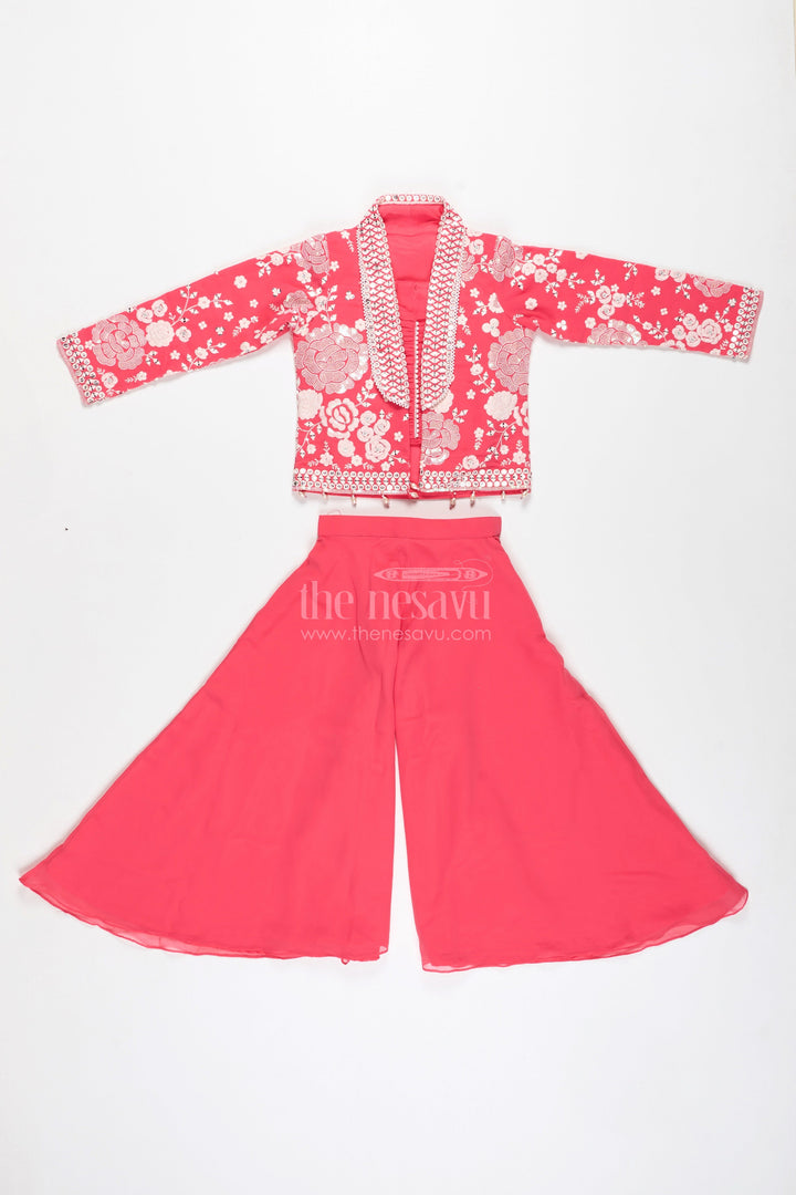 The Nesavu Girls Sharara / Plazo Set Girls Pink Sharara Set with Designer Embroidery for Celebrations Nesavu Nesavu Girls Pink Sharara Set Embroidered Jacket Georgette Festive Outfit Weddings Events