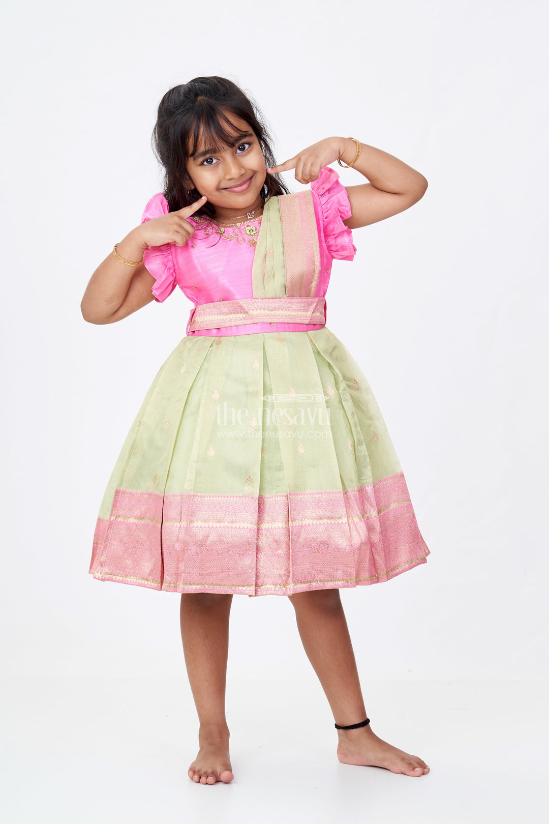 The Nesavu Silk Party Frock Girls Pink Silk Frock with Zari Border and Delicate Embroidery Nesavu 16 (1Y) / Pink SF955C-16 Girls Pink Silk Frock Embroidery Traditional Zari Border | The Nesavu