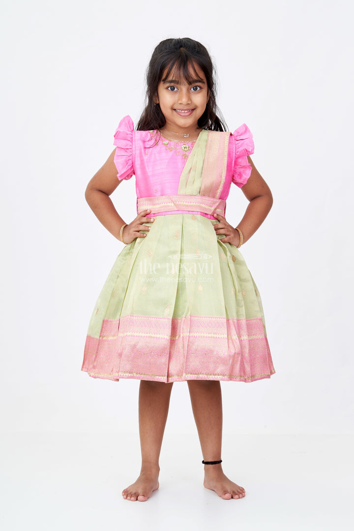 The Nesavu Silk Party Frock Girls Pink Silk Frock with Zari Border and Delicate Embroidery Nesavu Girls Pink Silk Frock Embroidery Traditional Zari Border | The Nesavu