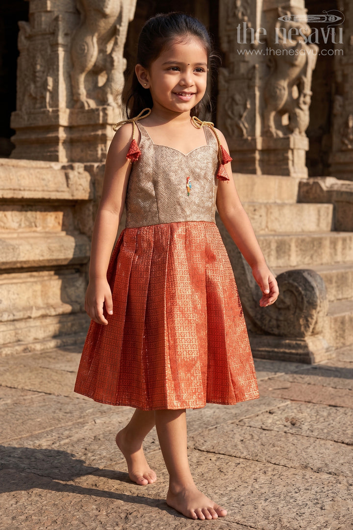 The Nesavu Tie-up Frock Girls Pink Tie up Frock for Weddings and Festive Occasions Nesavu 16 (1Y) / Gold / Semi Banarasi T441A-16 Nesavu Girls Pink Semi Banaras Tie Up Frock With Tissue Silk Yoke For Festive Events