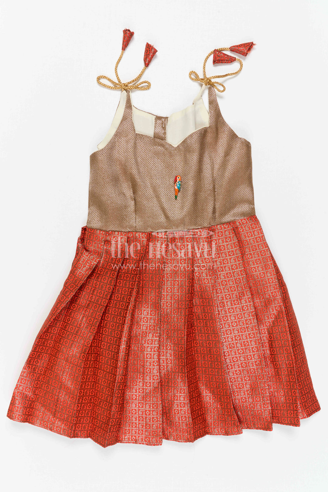 The Nesavu Tie-up Frock Girls Pink Tie up Frock for Weddings and Festive Occasions Nesavu Nesavu Girls Pink Semi Banaras Tie Up Frock With Tissue Silk Yoke For Festive Events