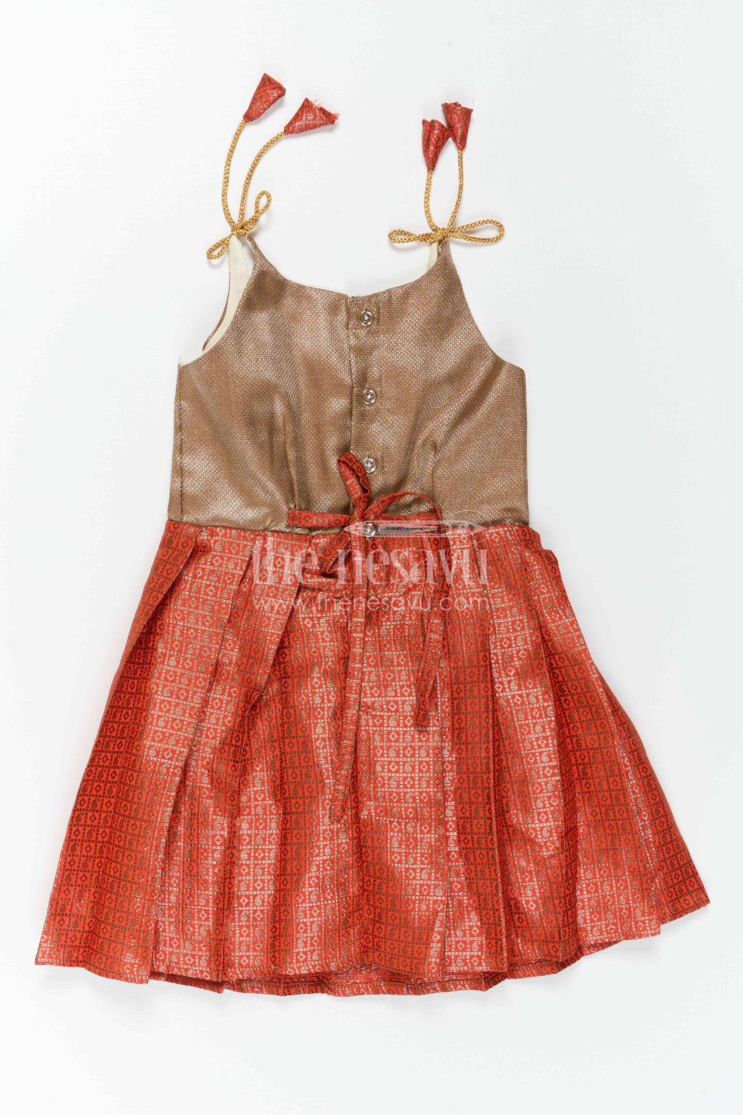 The Nesavu Tie-up Frock Girls Pink Tie up Frock for Weddings and Festive Occasions Nesavu Nesavu Girls Pink Semi Banaras Tie Up Frock With Tissue Silk Yoke For Festive Events