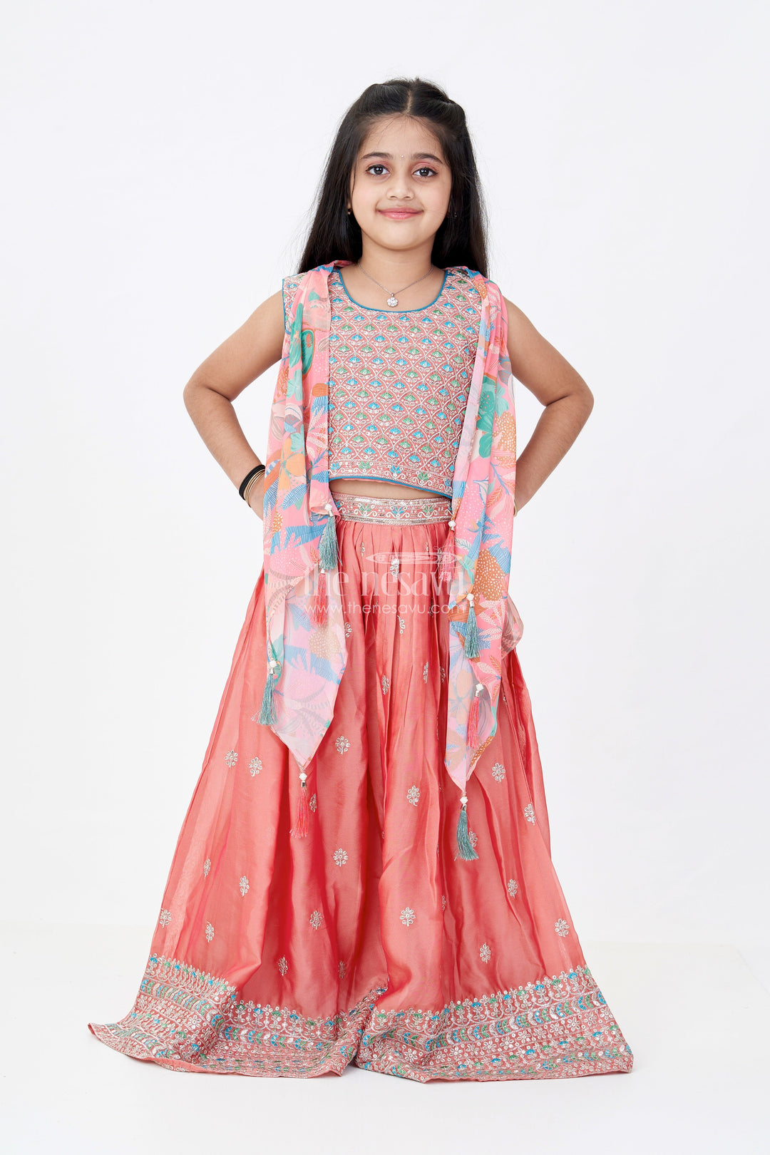 The Nesavu Girls Sharara / Plazo Set Girls Plazo and Shrug Set with Embroidered Georgette and Digital Printed Jacket for Festive Wear Nesavu 24 (5Y) / Peach GPS544B-24 Girls Plazo Shrug Set Embroidered Georgette Digital Printed Jacket Festive Wear | The Nesavu