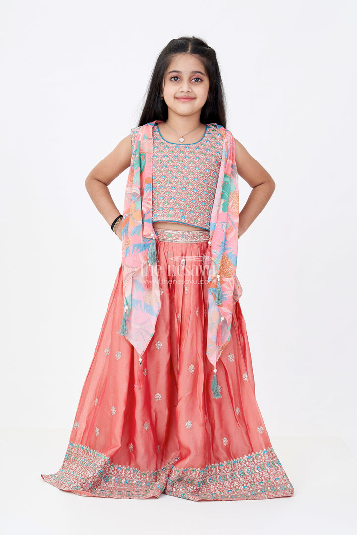 The Nesavu Girls Sharara / Plazo Set Girls Plazo and Shrug Set with Embroidered Georgette and Digital Printed Jacket for Festive Wear Nesavu 24 (5Y) / Peach GPS544B-24 Girls Plazo Shrug Set Embroidered Georgette Digital Printed Jacket Festive Wear | The Nesavu