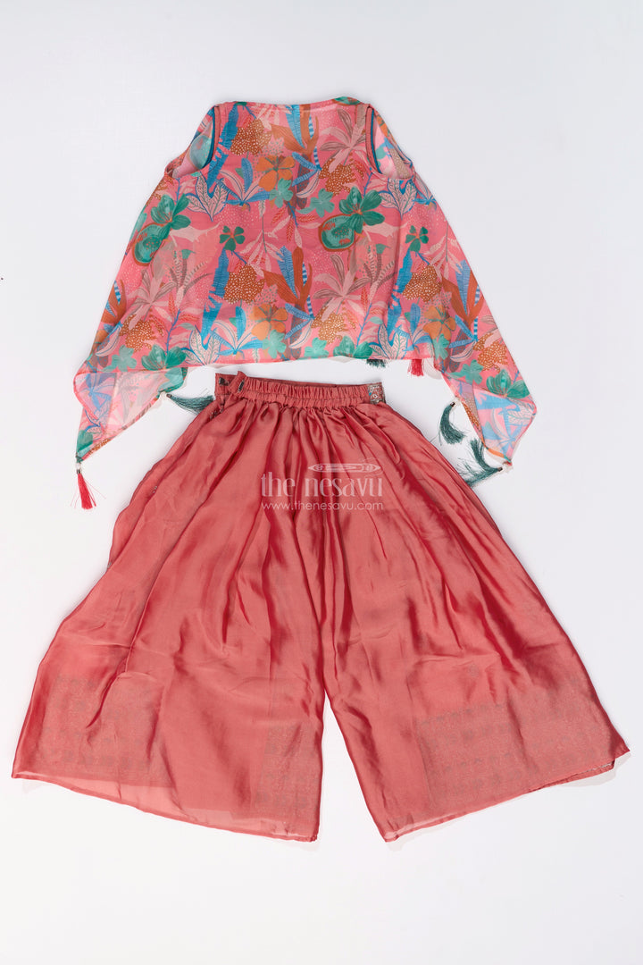 The Nesavu Girls Sharara / Plazo Set Girls Plazo and Shrug Set with Embroidered Georgette and Digital Printed Jacket for Festive Wear Nesavu Girls Plazo Shrug Set Embroidered Georgette Digital Printed Jacket Festive Wear | The Nesavu