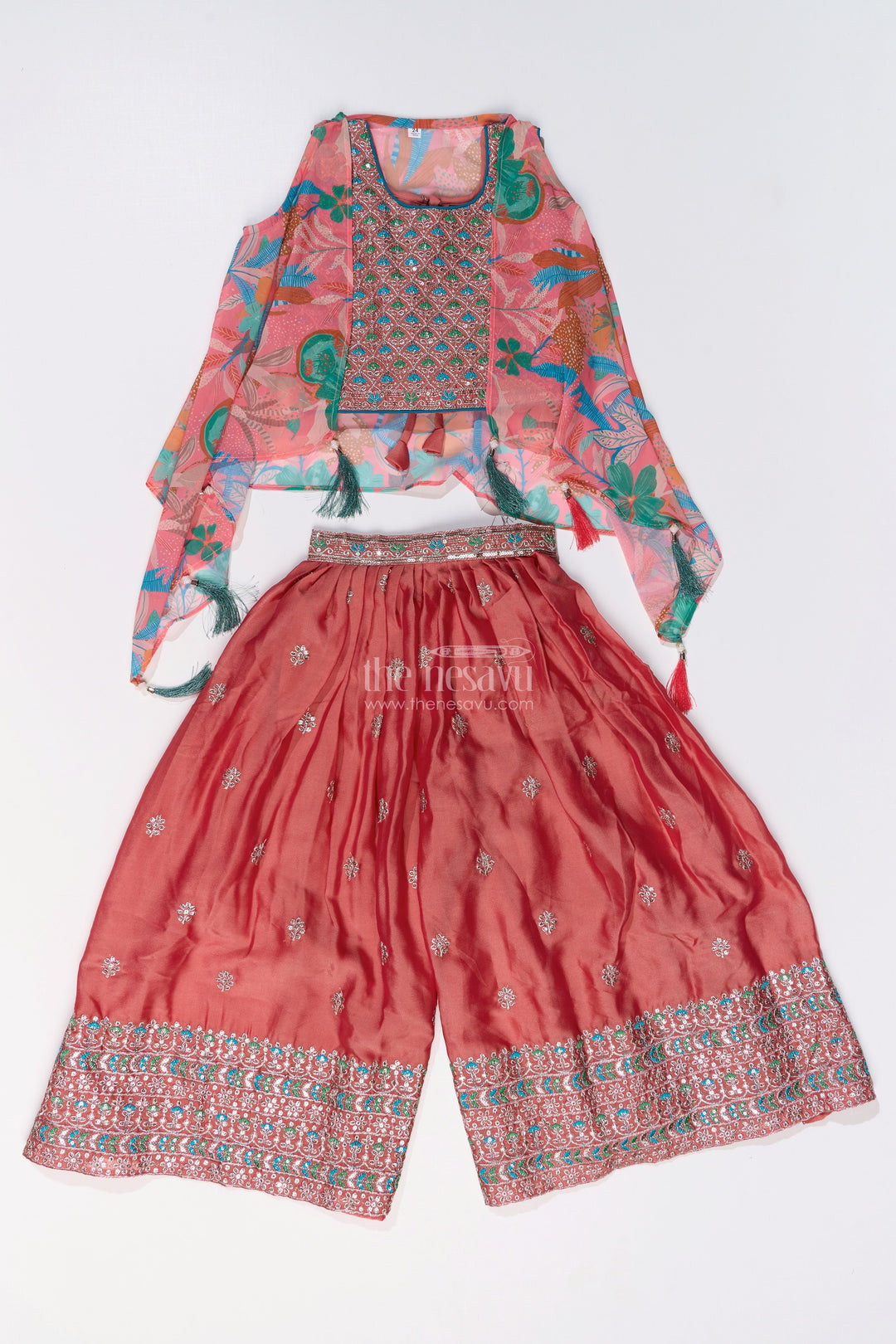 The Nesavu Girls Sharara / Plazo Set Girls Plazo and Shrug Set with Embroidered Georgette and Digital Printed Jacket for Festive Wear Nesavu Girls Plazo Shrug Set Embroidered Georgette Digital Printed Jacket Festive Wear | The Nesavu