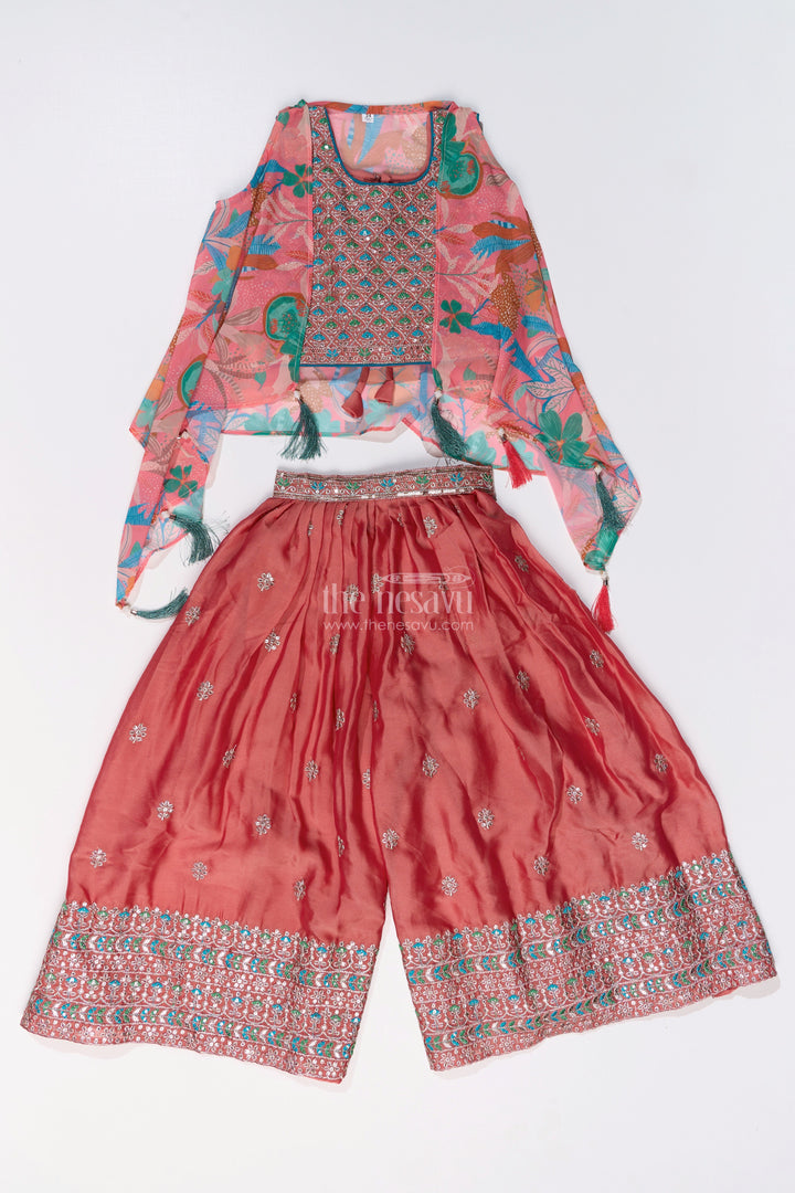 The Nesavu Girls Sharara / Plazo Set Girls Plazo and Shrug Set with Embroidered Georgette and Digital Printed Jacket for Festive Wear Nesavu Girls Plazo Shrug Set Embroidered Georgette Digital Printed Jacket Festive Wear | The Nesavu