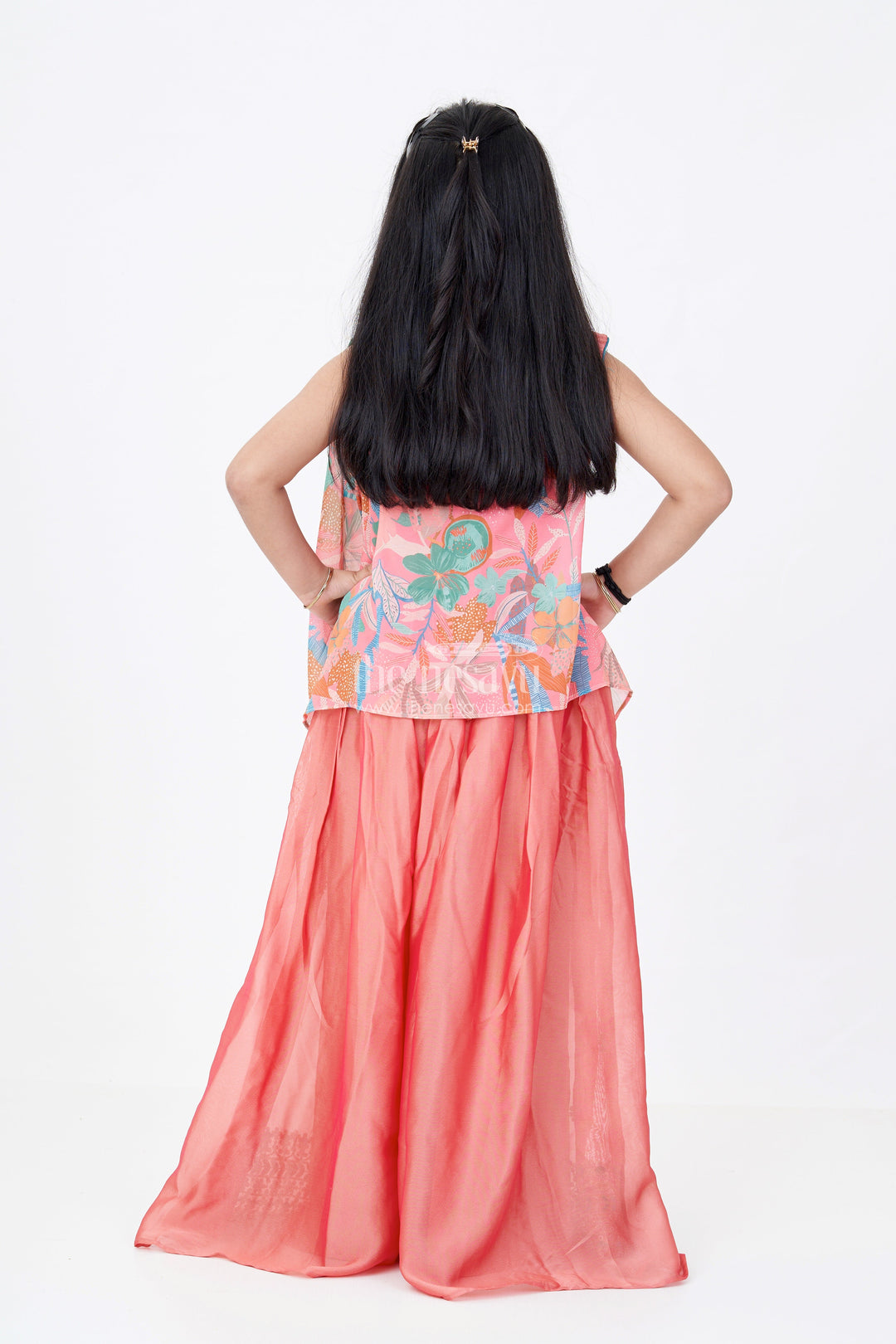 The Nesavu Girls Sharara / Plazo Set Girls Plazo and Shrug Set with Embroidered Georgette and Digital Printed Jacket for Festive Wear Nesavu Girls Plazo Shrug Set Embroidered Georgette Digital Printed Jacket Festive Wear | The Nesavu