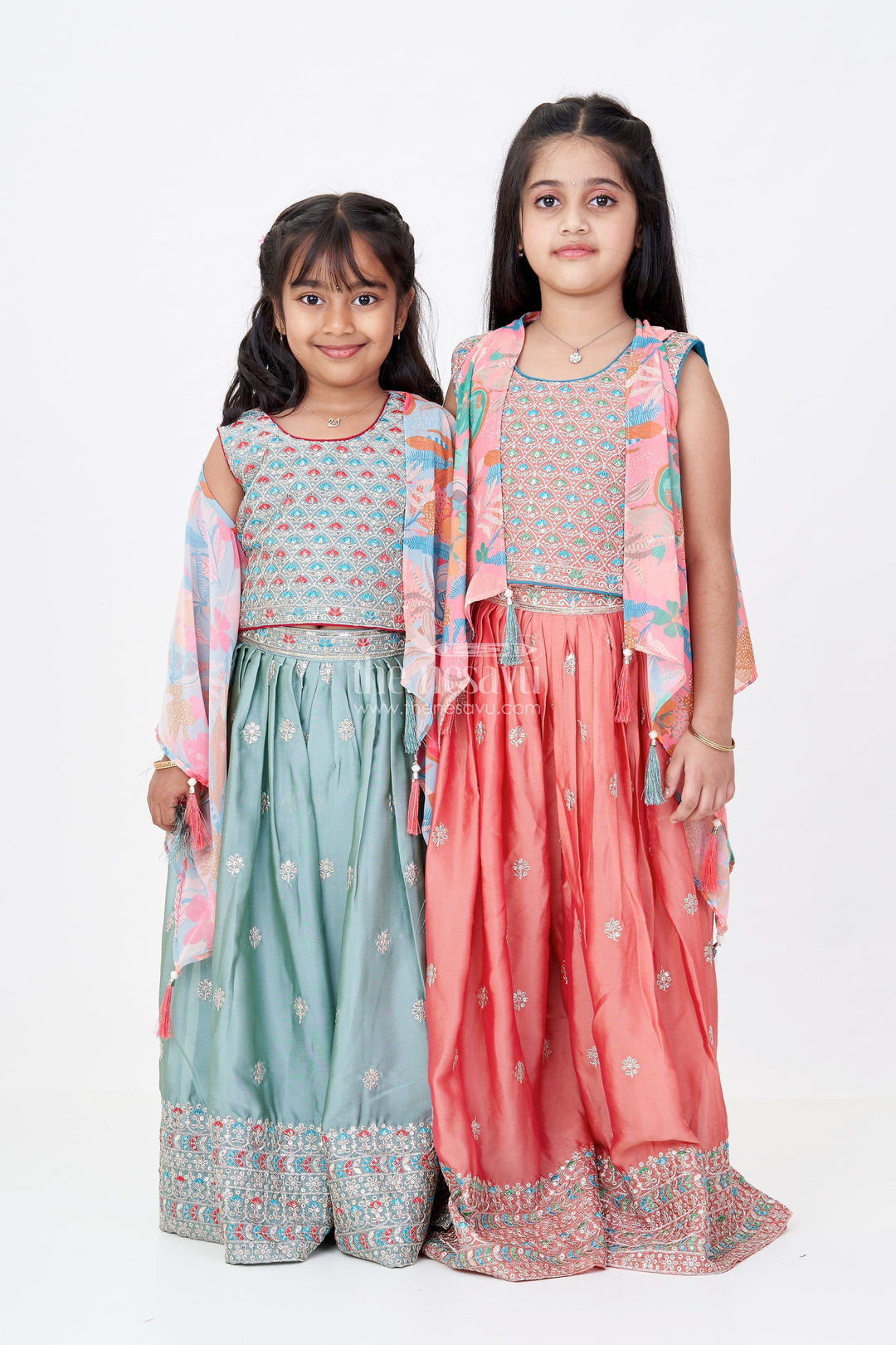The Nesavu Girls Sharara / Plazo Set Girls Plazo and Shrug Set with Embroidered Georgette and Digital Printed Jacket for Festive Wear Nesavu Girls Plazo Shrug Set Embroidered Georgette Digital Printed Jacket Festive Wear | The Nesavu