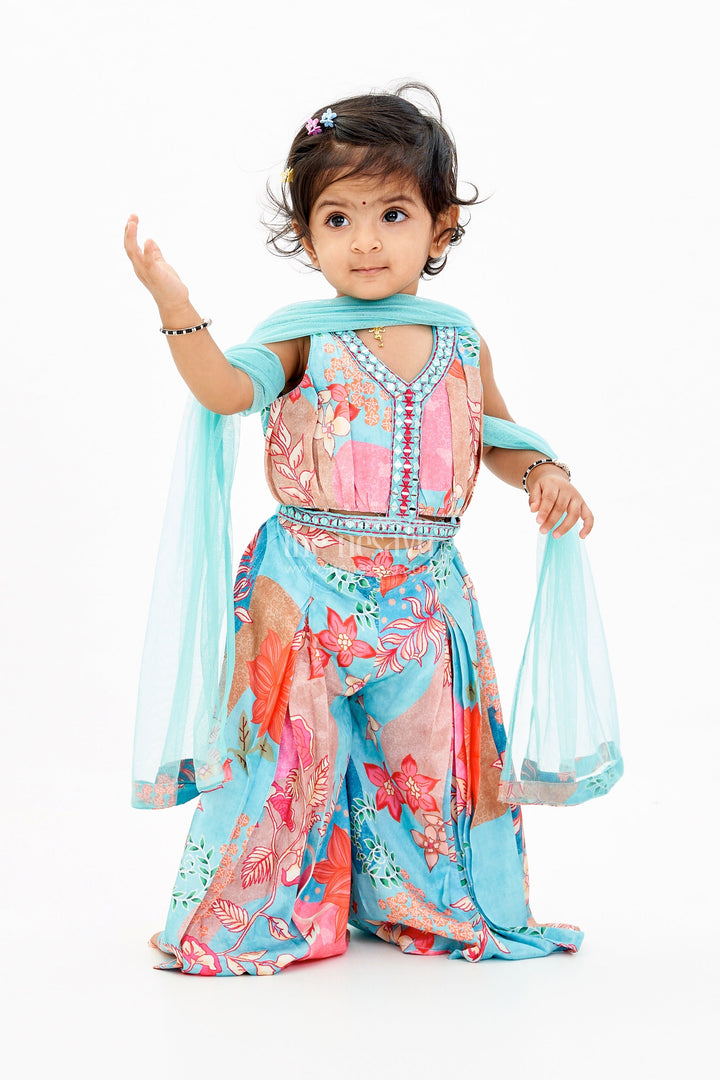 The Nesavu Girls Sharara / Plazo Set Girls Plazo Choli with Jacket and Floral Print Design for a Graceful Ethnic Look Nesavu 16 (1Y) / Blue GPS542A-16 Girls Plazo Choli Jacket Floral Print Weddings Festive Wear | The Nesavu