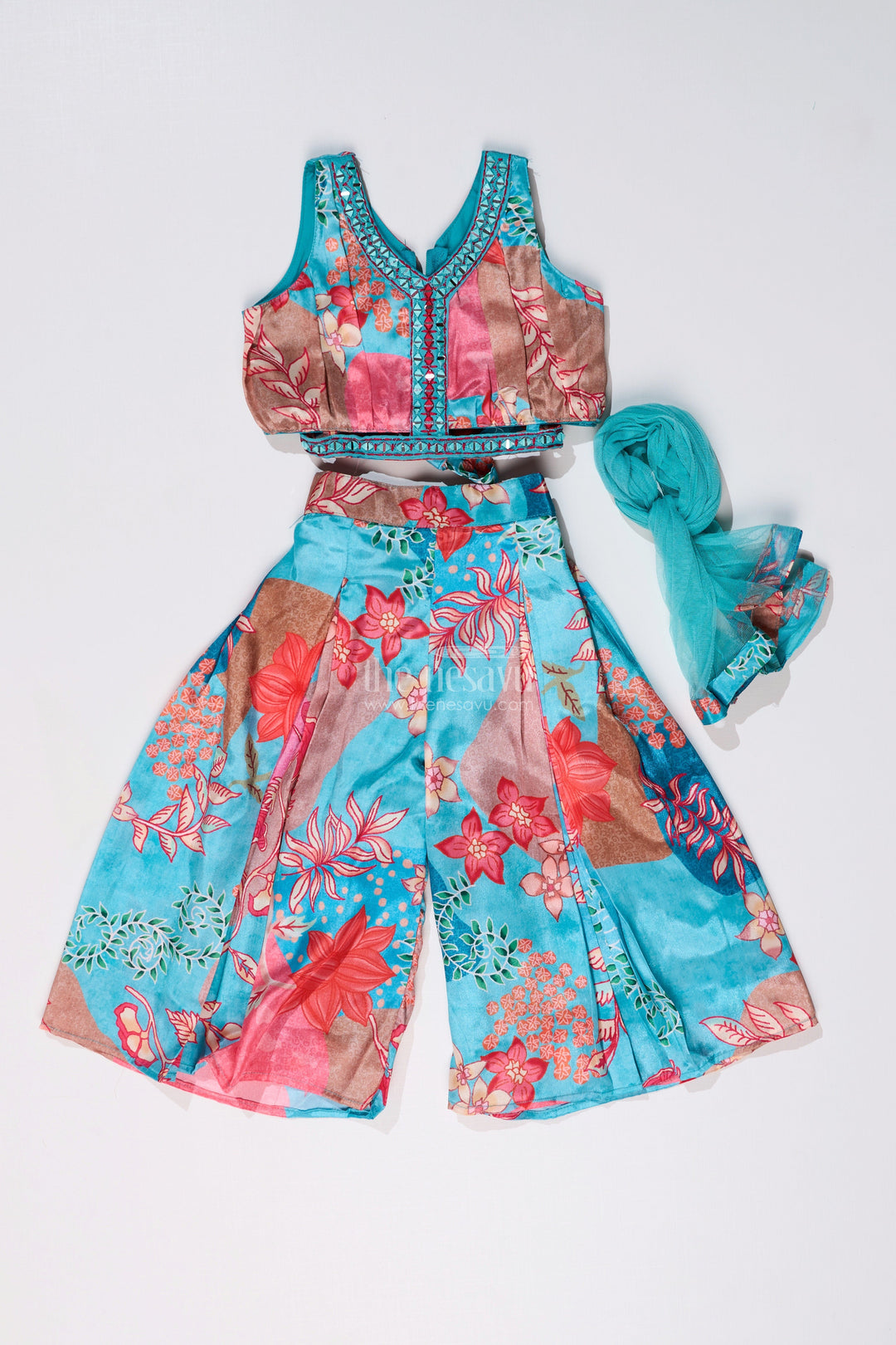 The Nesavu Girls Sharara / Plazo Set Girls Plazo Choli with Jacket and Floral Print Design for a Graceful Ethnic Look Nesavu Girls Plazo Choli Jacket Floral Print Weddings Festive Wear | The Nesavu