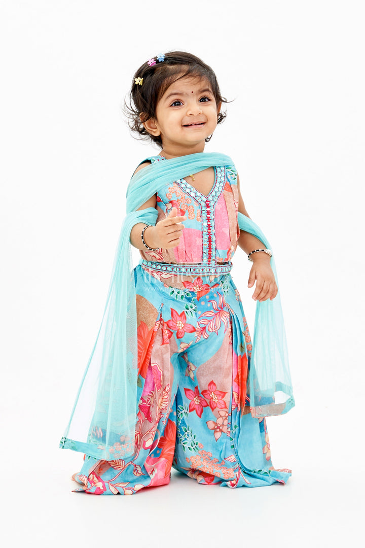 The Nesavu Girls Sharara / Plazo Set Girls Plazo Choli with Jacket and Floral Print Design for a Graceful Ethnic Look Nesavu Girls Plazo Choli Jacket Floral Print Weddings Festive Wear | The Nesavu