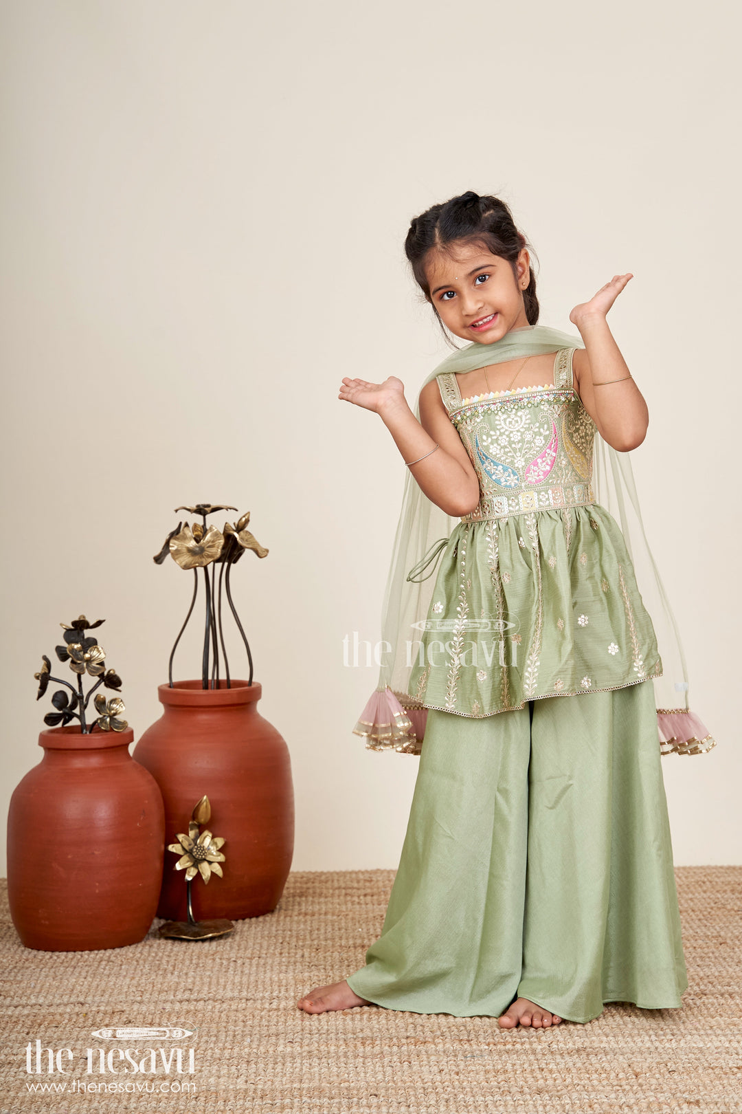 The Nesavu Girls Sharara / Plazo Set Girls plazo set for cultural events and school ethnic day Nesavu 16 (1Y) / Green GPS851A-16 Nesavu girls plazo set viscose silk embroidered jacket  perfect cultural day festive occasions