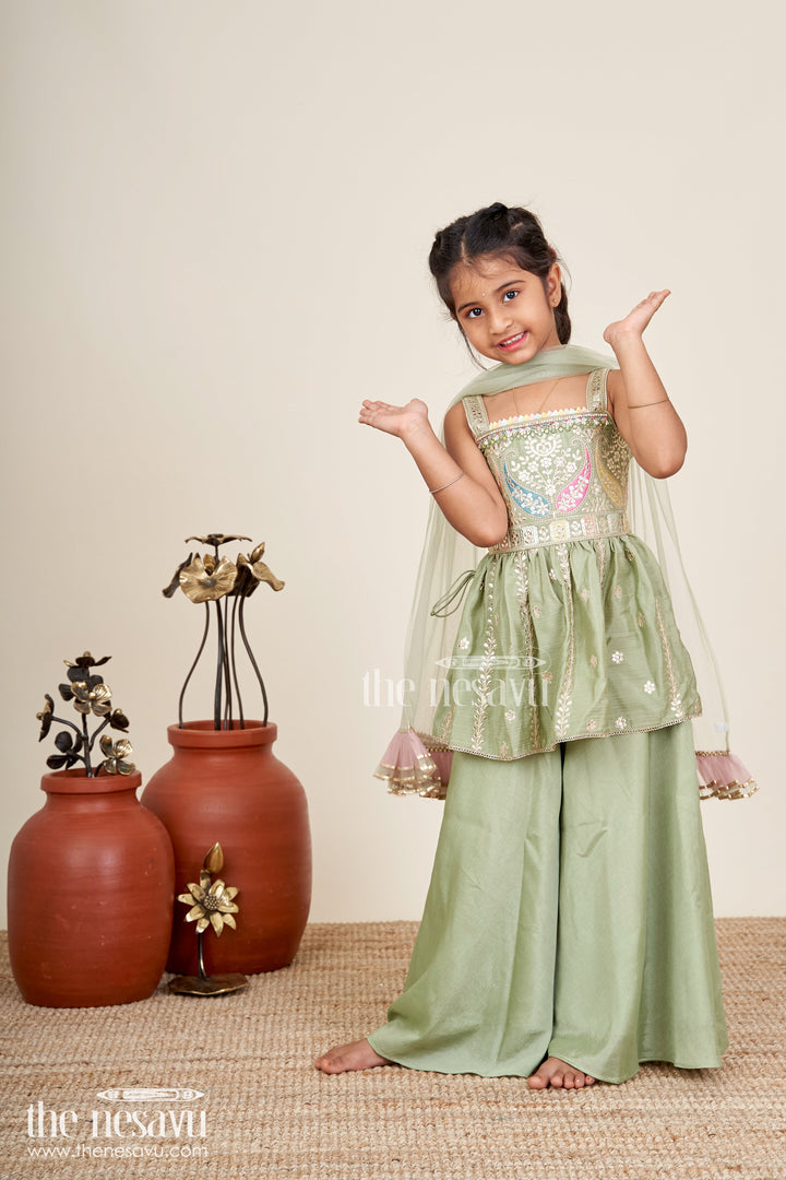 The Nesavu Girls Sharara / Plazo Set Girls plazo set for cultural events and school ethnic day Nesavu 16 (1Y) / Green GPS851A-16 Nesavu girls plazo set viscose silk embroidered jacket  perfect cultural day festive occasions