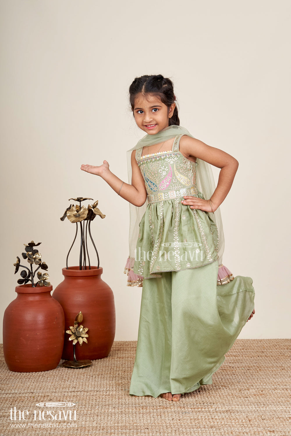 The Nesavu Girls Sharara / Plazo Set Girls plazo set for cultural events and school ethnic day Nesavu Nesavu girls plazo set viscose silk embroidered jacket  perfect cultural day festive occasions