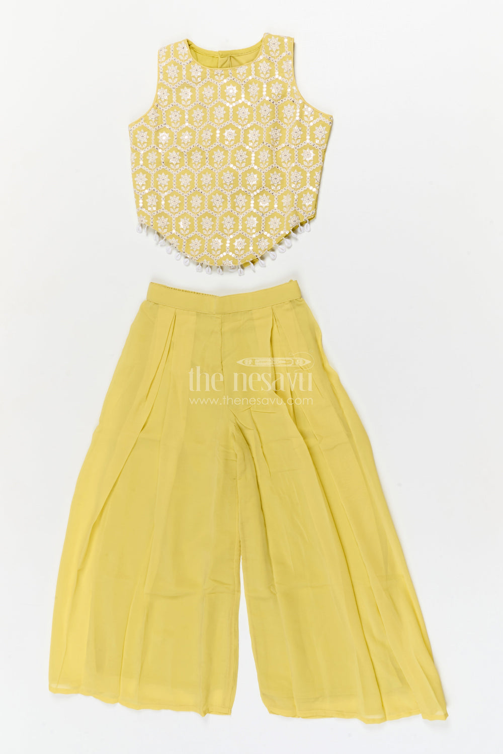 The Nesavu Girls Sharara / Plazo Set Girls Plazo Set for Sangeet and Festive Day Events Nesavu 26 (6Y) / Yellow / Georgette GPS948A-26 Nesavu girls georgette plazo set for sangeet and festive functions with pearl embroidered blouse