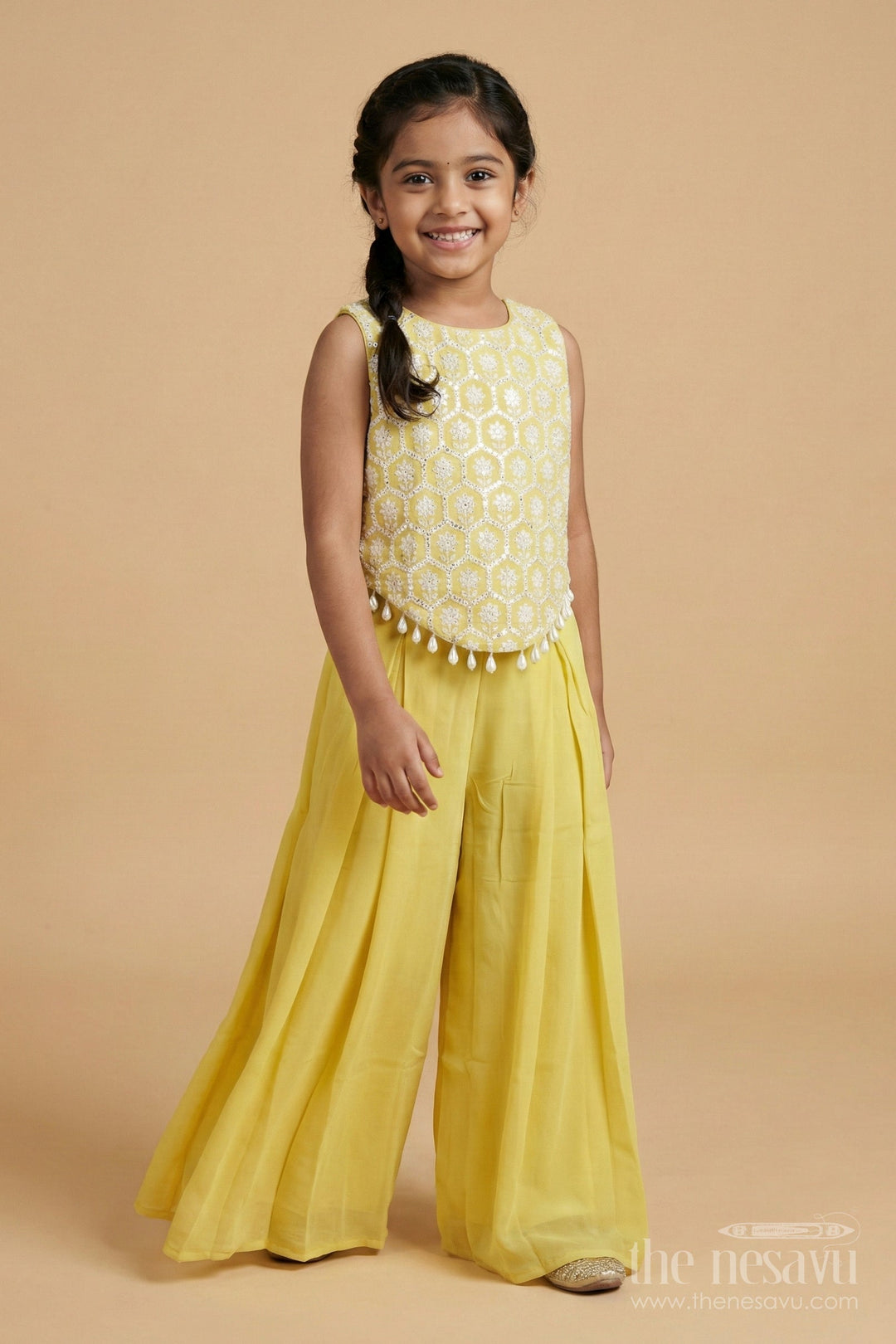 The Nesavu Girls Sharara / Plazo Set Girls Plazo Set for Sangeet and Festive Day Events Nesavu Nesavu girls georgette plazo set for sangeet and festive functions with pearl embroidered blouse