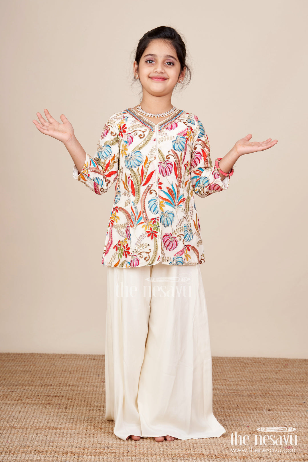 The Nesavu Girls Sharara / Plazo Set Girls Plazo Set with Digital Printed Kurti for Ethnic Day and Casual Functions Nesavu 24 (5Y) / Half white GPS866A-24 Nesavu girls plazo set muslin digital print kurti full sleeve design festive casual wear