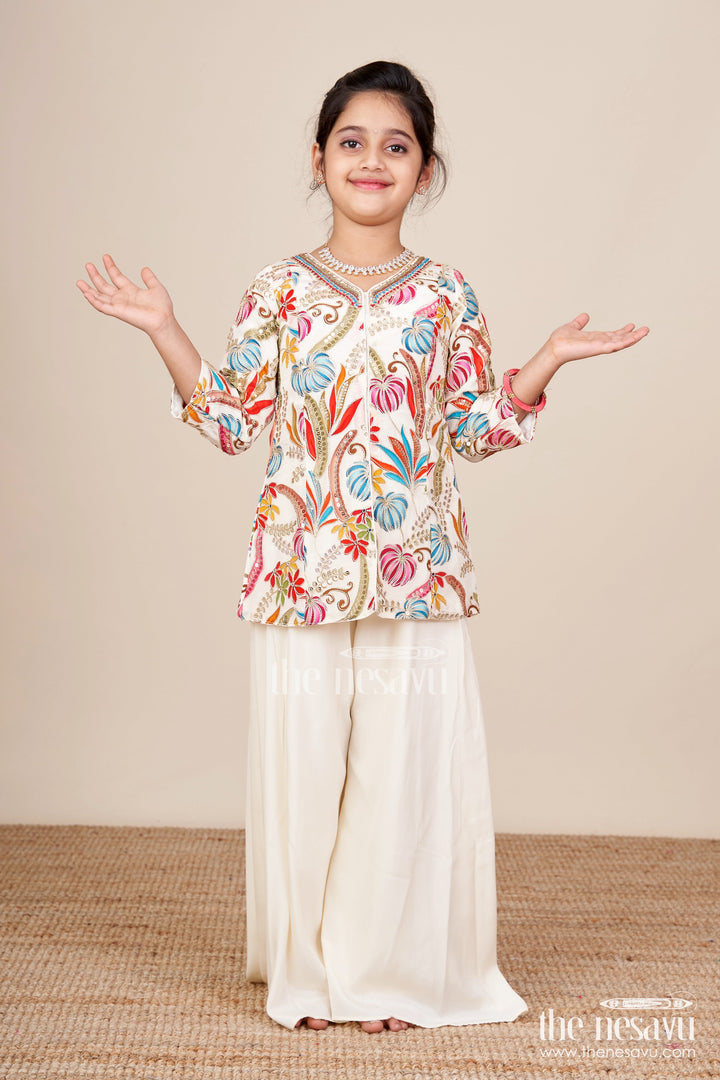 The Nesavu Girls Sharara / Plazo Set Girls Plazo Set with Digital Printed Kurti for Ethnic Day and Casual Functions Nesavu 24 (5Y) / Half white GPS866A-24 Nesavu girls plazo set muslin digital print kurti full sleeve design festive casual wear