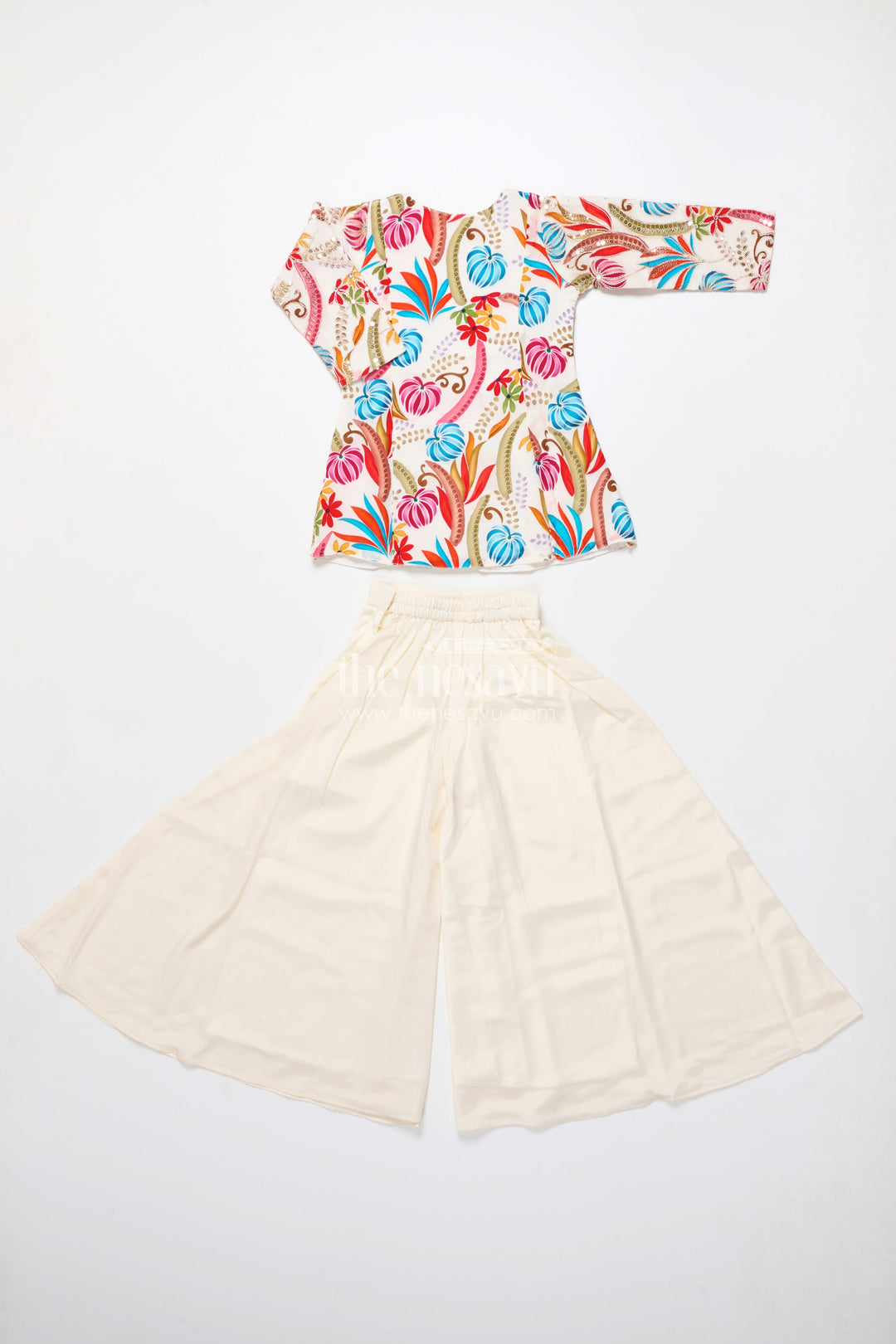 The Nesavu Girls Sharara / Plazo Set Girls Plazo Set with Digital Printed Kurti for Ethnic Day and Casual Functions Nesavu Nesavu girls plazo set muslin digital print kurti full sleeve design festive casual wear