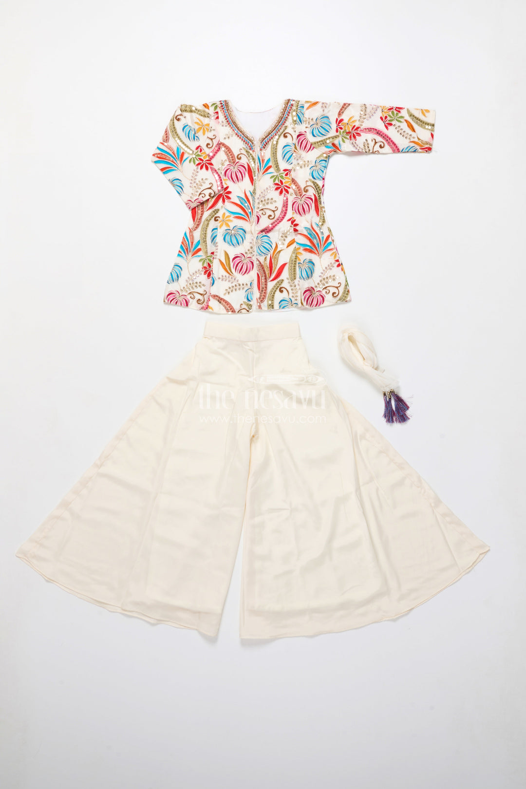 The Nesavu Girls Sharara / Plazo Set Girls Plazo Set with Digital Printed Kurti for Ethnic Day and Casual Functions Nesavu Nesavu girls plazo set muslin digital print kurti full sleeve design festive casual wear