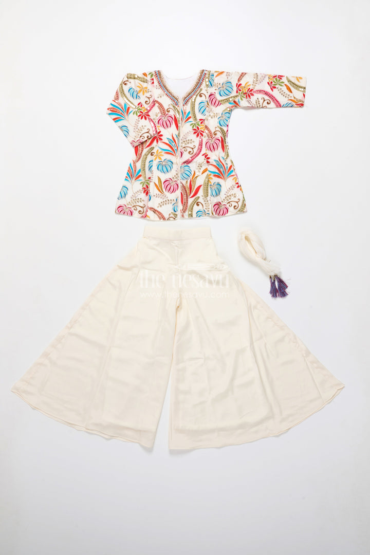 The Nesavu Girls Sharara / Plazo Set Girls Plazo Set with Digital Printed Kurti for Ethnic Day and Casual Functions Nesavu Nesavu girls plazo set muslin digital print kurti full sleeve design festive casual wear