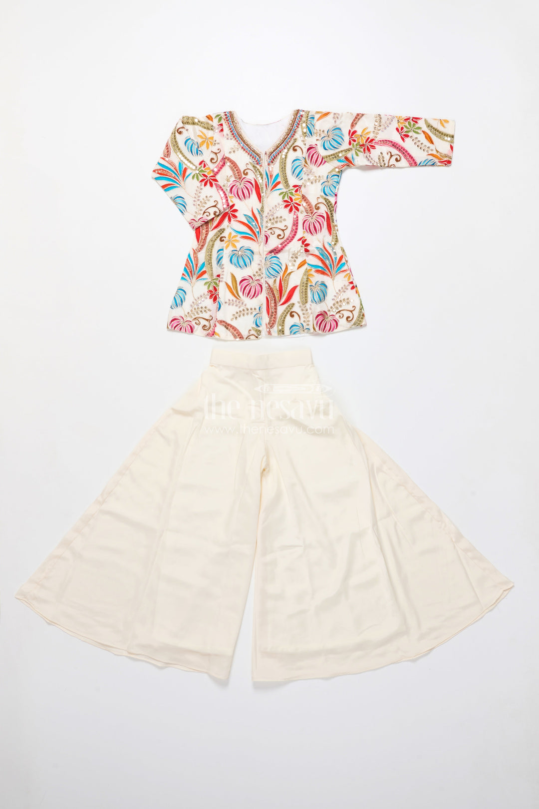 The Nesavu Girls Sharara / Plazo Set Girls Plazo Set with Digital Printed Kurti for Ethnic Day and Casual Functions Nesavu Nesavu girls plazo set muslin digital print kurti full sleeve design festive casual wear