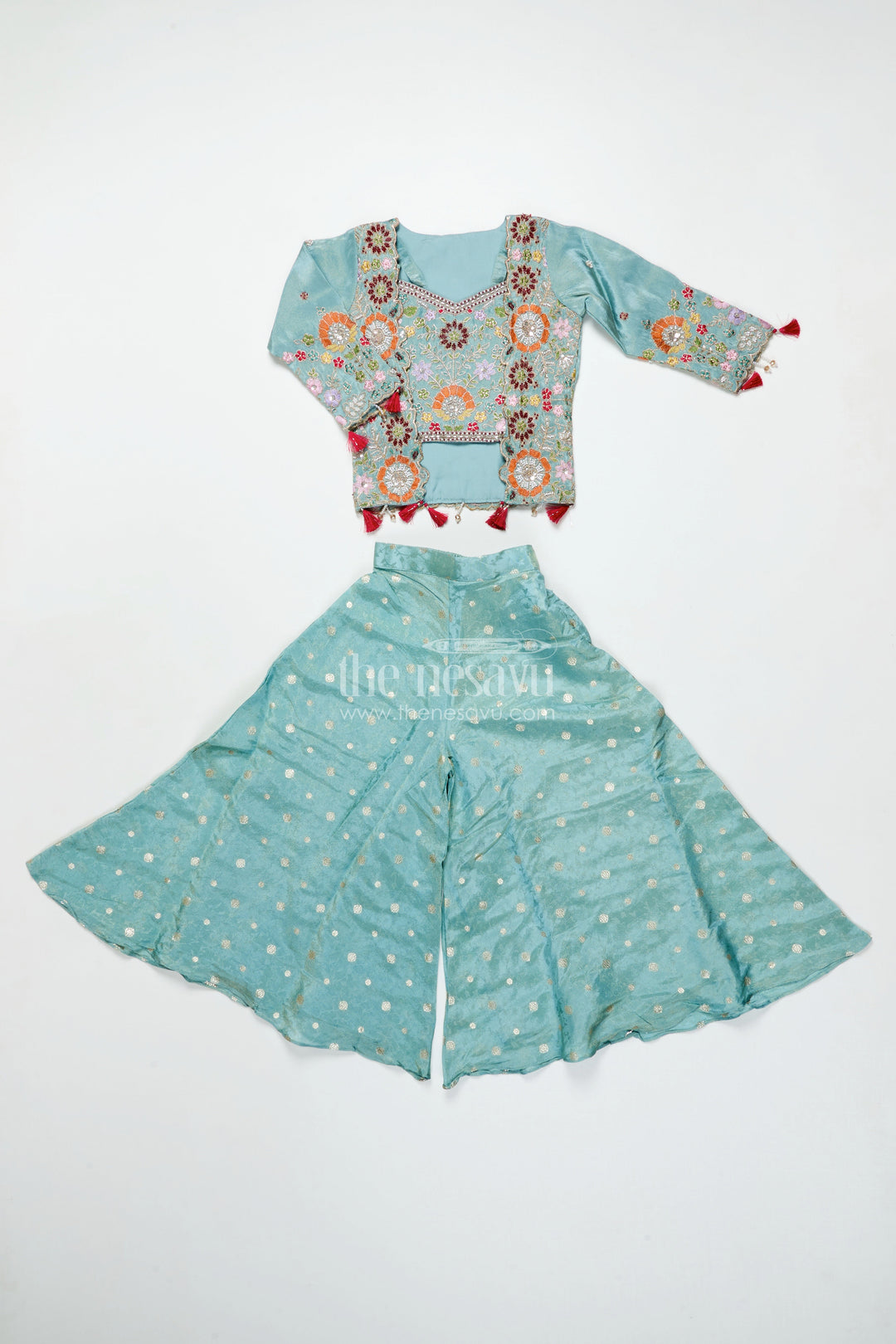 The Nesavu Girls Sharara / Plazo Set Girls Plazo Set with Embroidered Jacket for Festive Occasions Nesavu 24 (5Y) / Green GPS901A-24 Nesavu girls plazo set embroidered jacket tissue silk weddings festivals