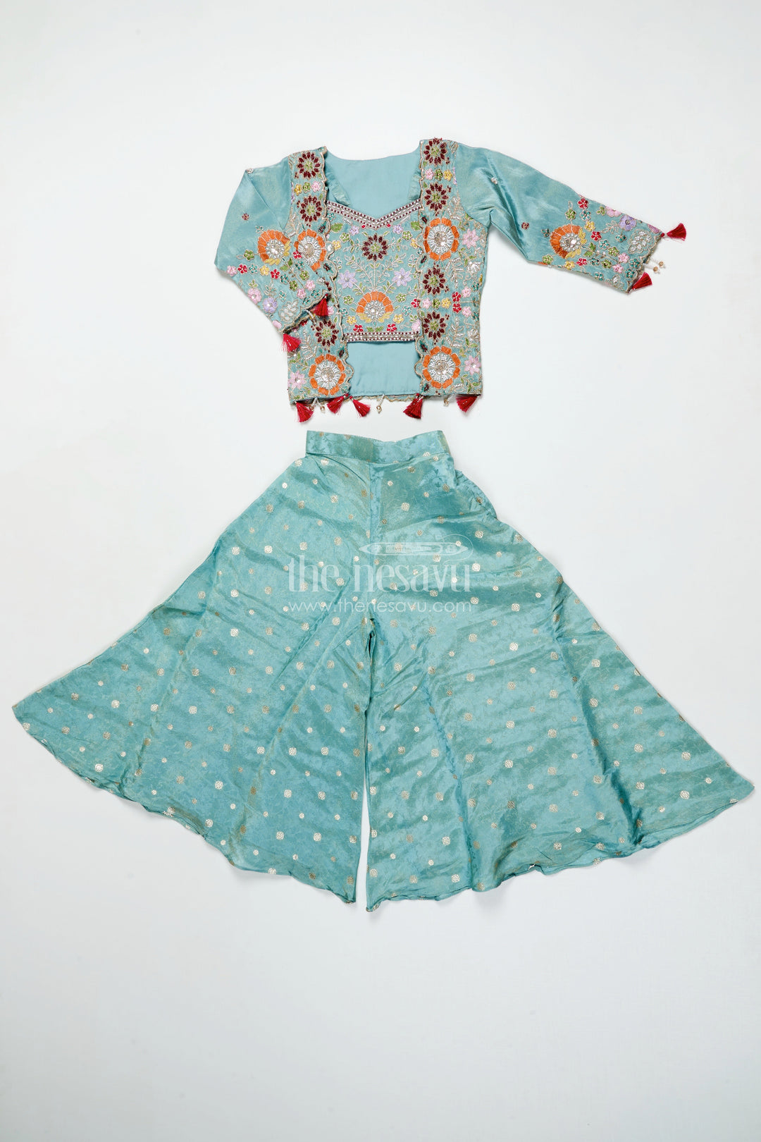 The Nesavu Girls Sharara / Plazo Set Girls Plazo Set with Embroidered Jacket for Festive Occasions Nesavu Nesavu girls plazo set embroidered jacket tissue silk weddings festivals