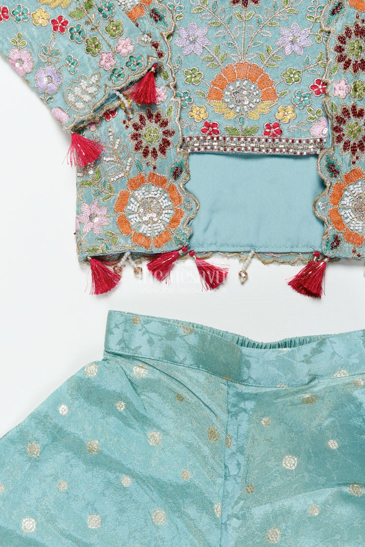 The Nesavu Girls Sharara / Plazo Set Girls Plazo Set with Embroidered Jacket for Festive Occasions Nesavu Nesavu girls plazo set embroidered jacket tissue silk weddings festivals